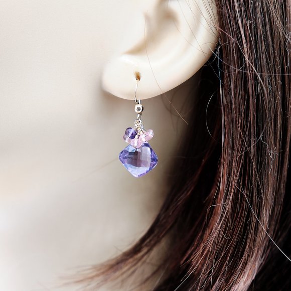 Amethyst Earrings with Amethyst Pink Topaz Cluster, 14K Gold Filled Earrings - Picture 7 of 10